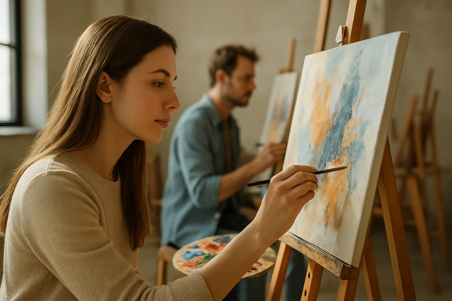 Egy fiatal nő fest egy vászonra, míg egy férfi háttérben dolgozik.