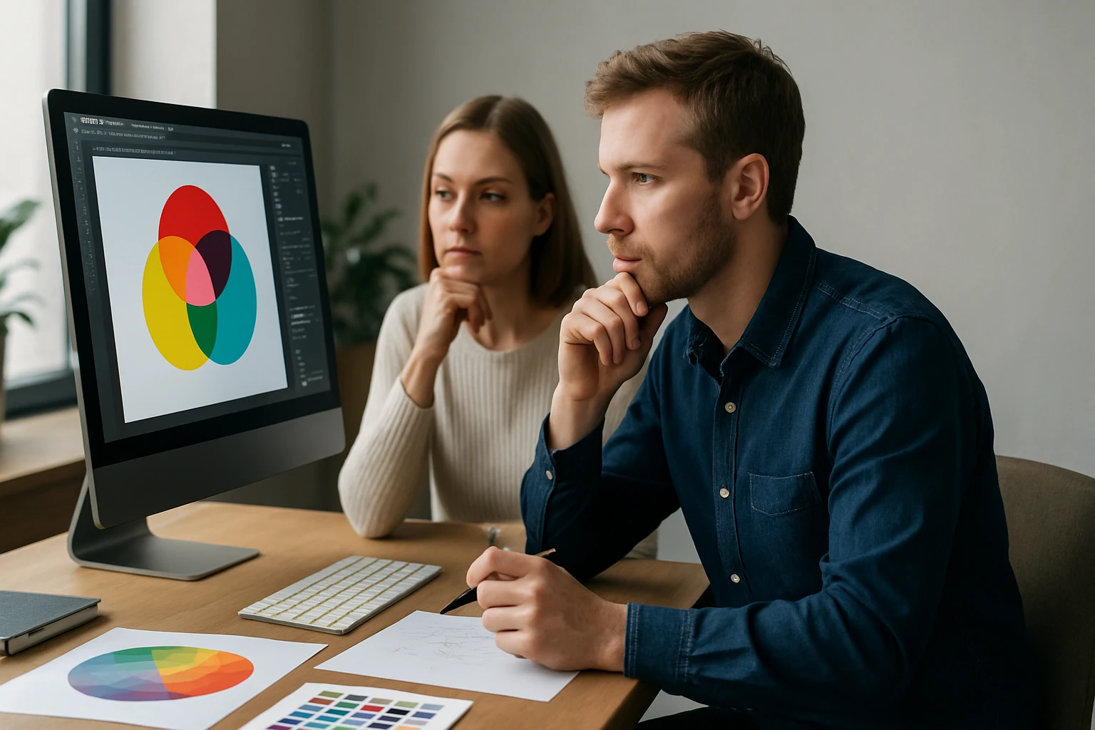 Két fiatal szakember egy számítógép előtt ül, színes grafikát nézve.