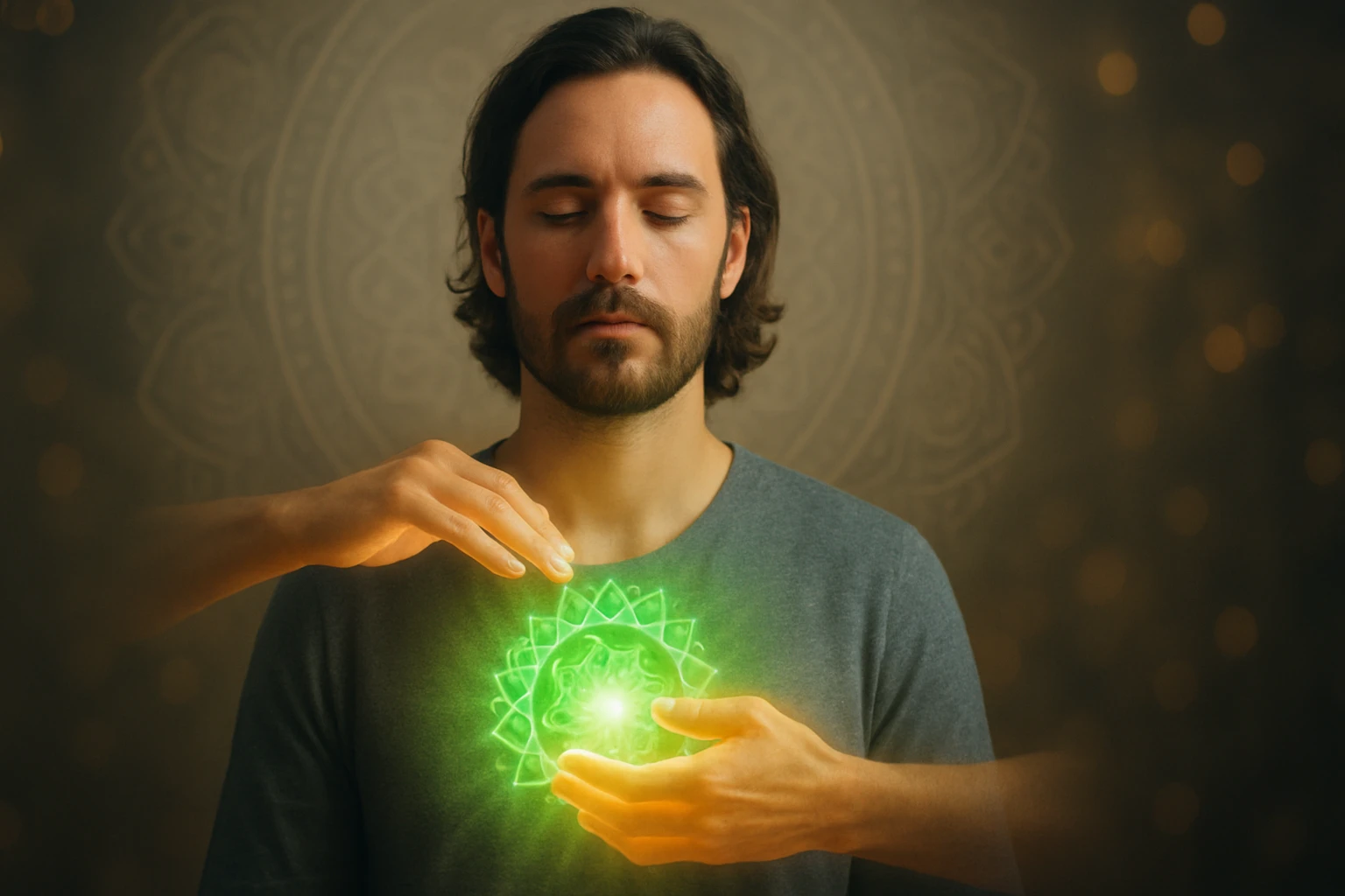 Egy férfi meditál, kezében zöld fényű mandala látható, míg egy másik kéz érinti.