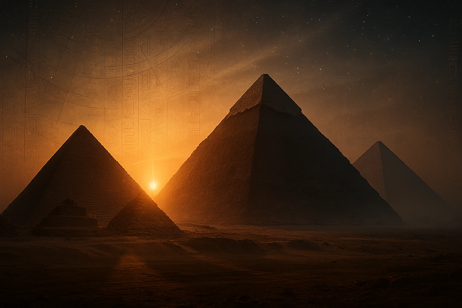 Három piramis látható naplementében, misztikus hangulatban.