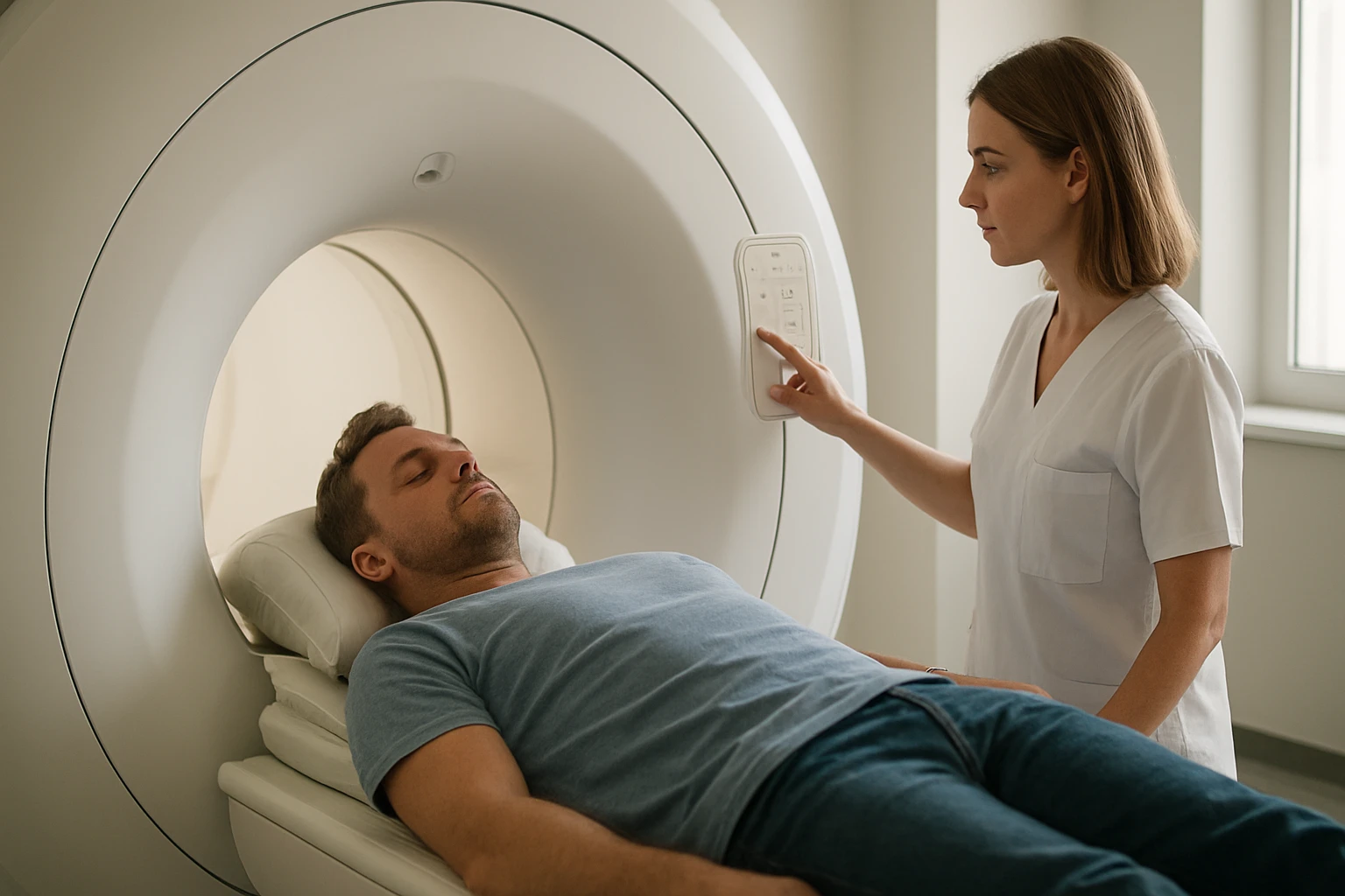 Egy férfi fekszik egy MRI gépben, miközben egy női szakember irányítja a folyamatot.