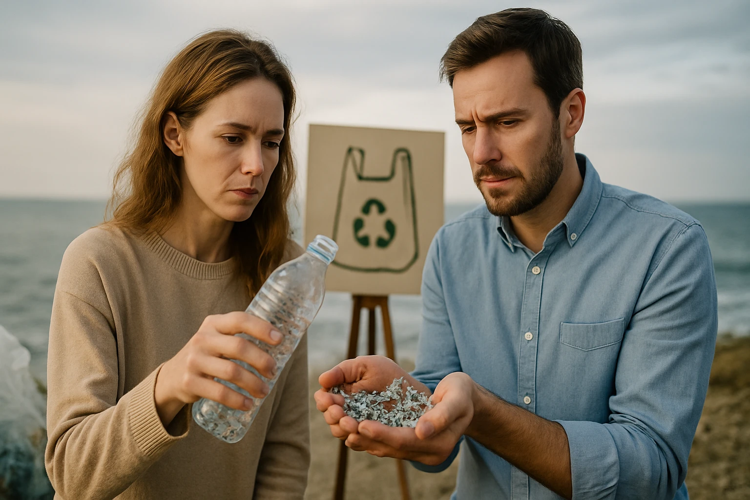 Két ember a tengerparton, műanyag hulladékot vizsgálva és újrahasznosítást fontolgatva.