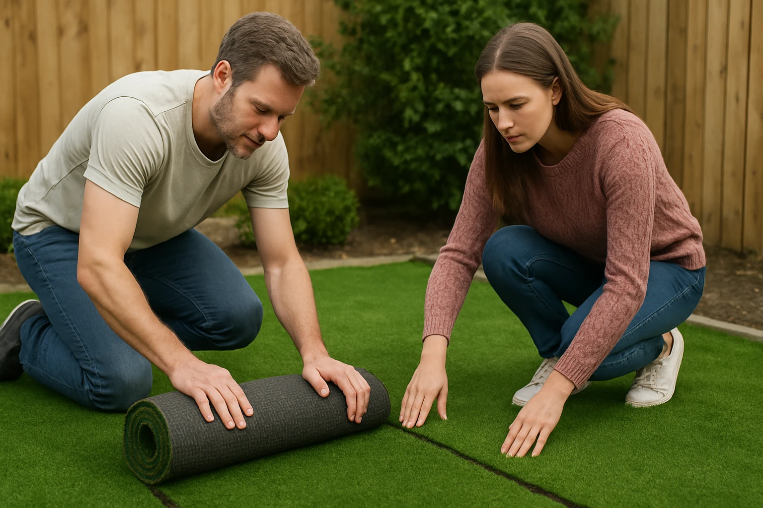 Két ember műfűt fektet a kertben, figyelmesen dolgoznak.