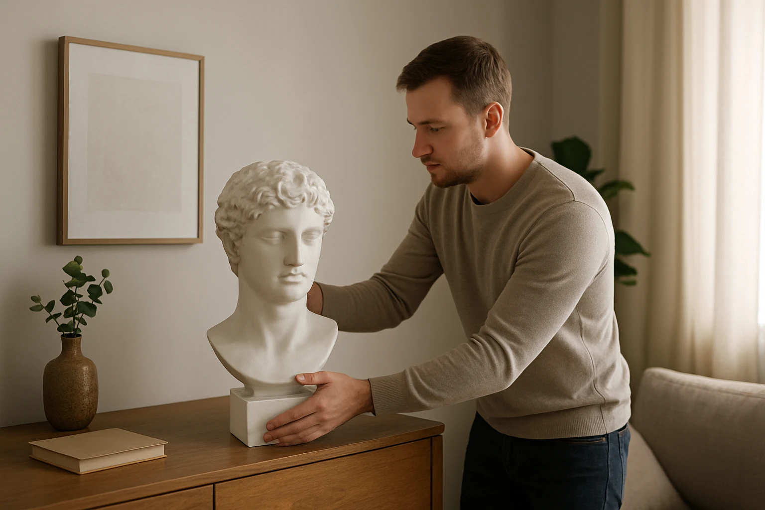 Egy férfi egy fehér márvány szobrot helyez el egy fából készült komódon.