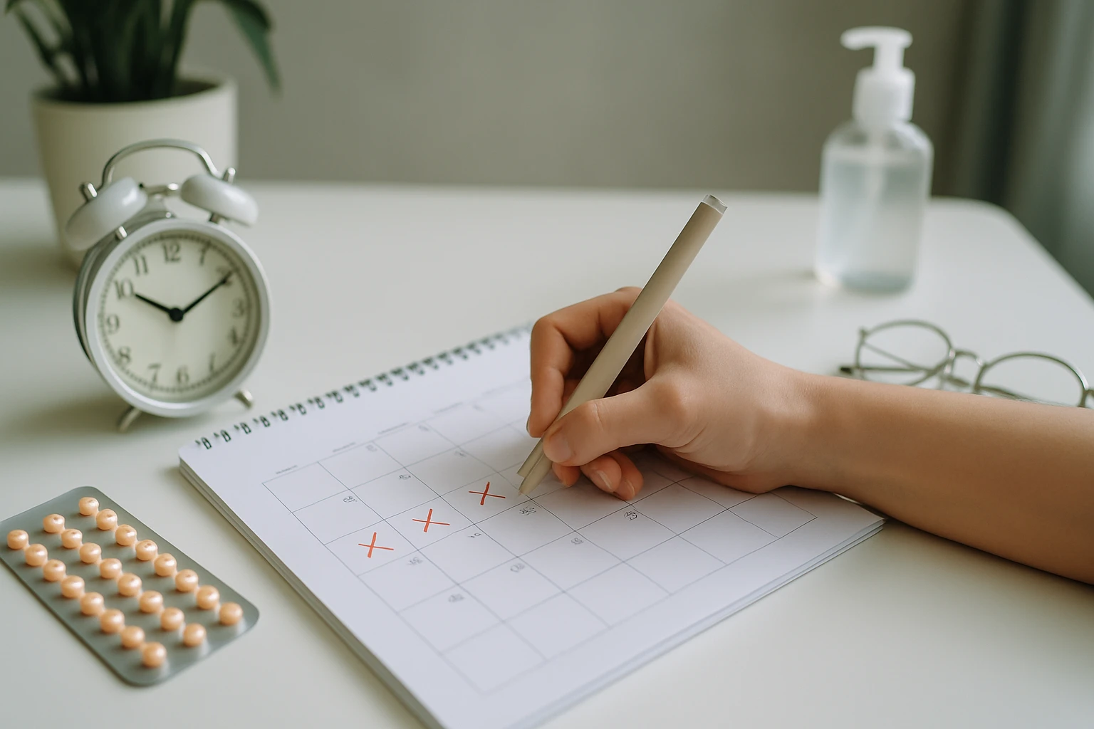 Egy kéz naptárban piros X-eket húz, mellette óra és gyógyszeres bliszter.