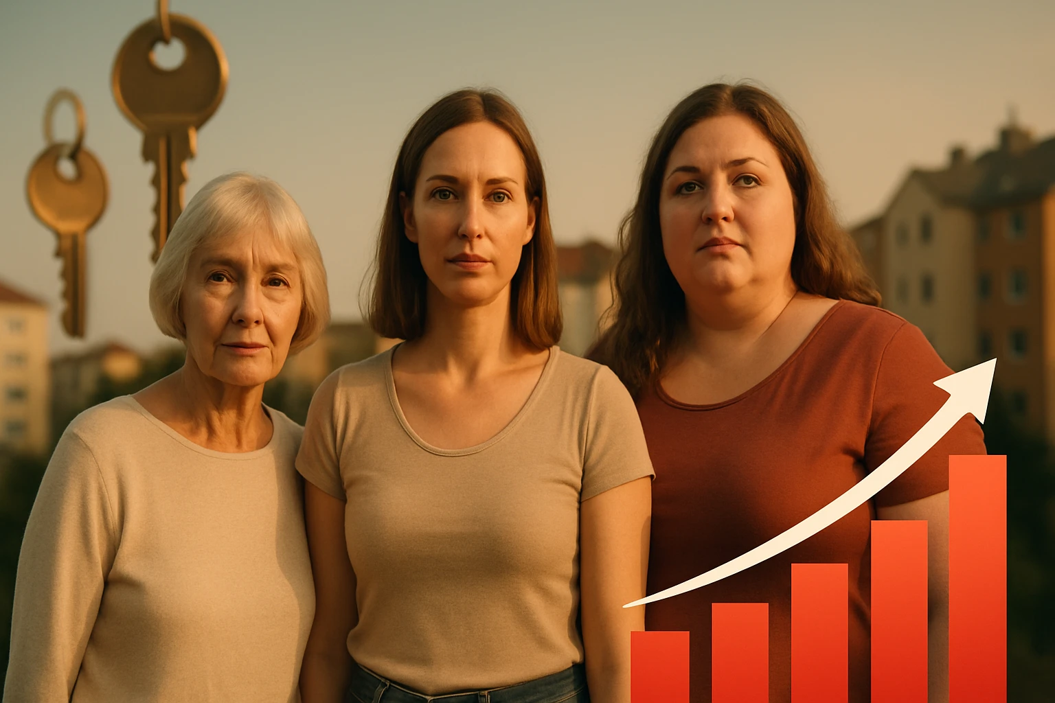 Három nő áll a város háttérben, komoly arckifejezéssel, kulcsokkal a levegőben.