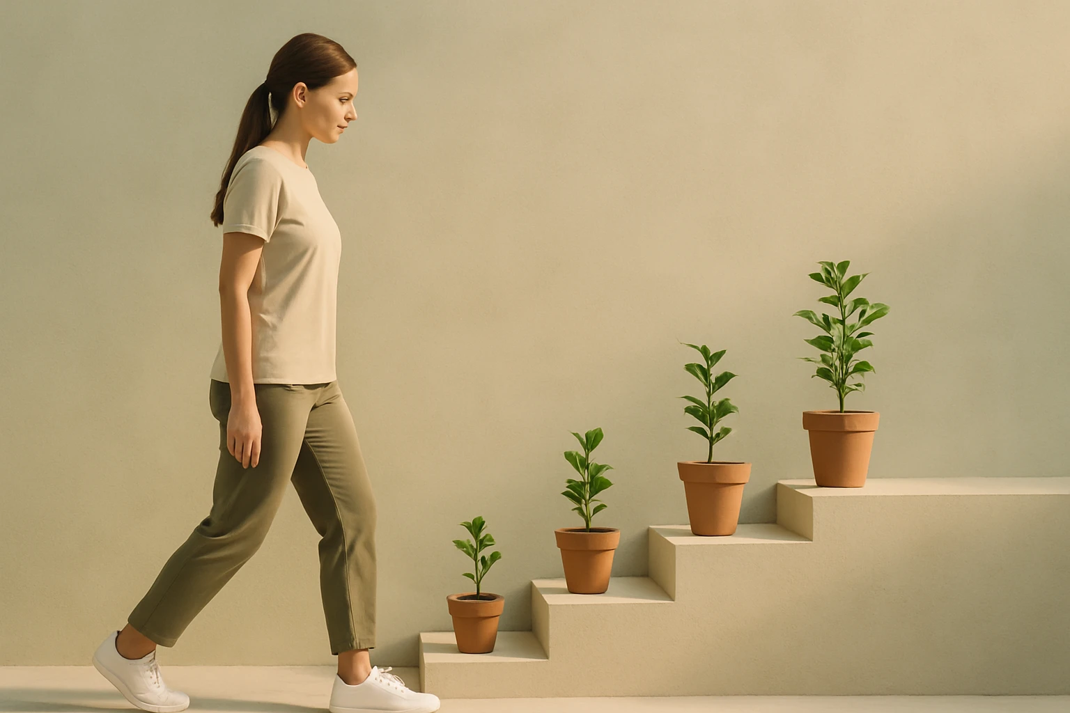 Egy nő lépcsőn sétál, mellette cserepes növények sorakoznak.