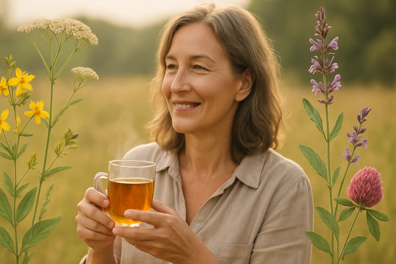 Egy nő a természetben, gőzölgő teát tart a kezében, virágok között.