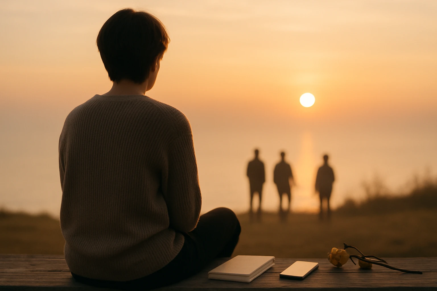 Egy fiatal ember ül a tengerparton, háttal a kamerának, naplementében.