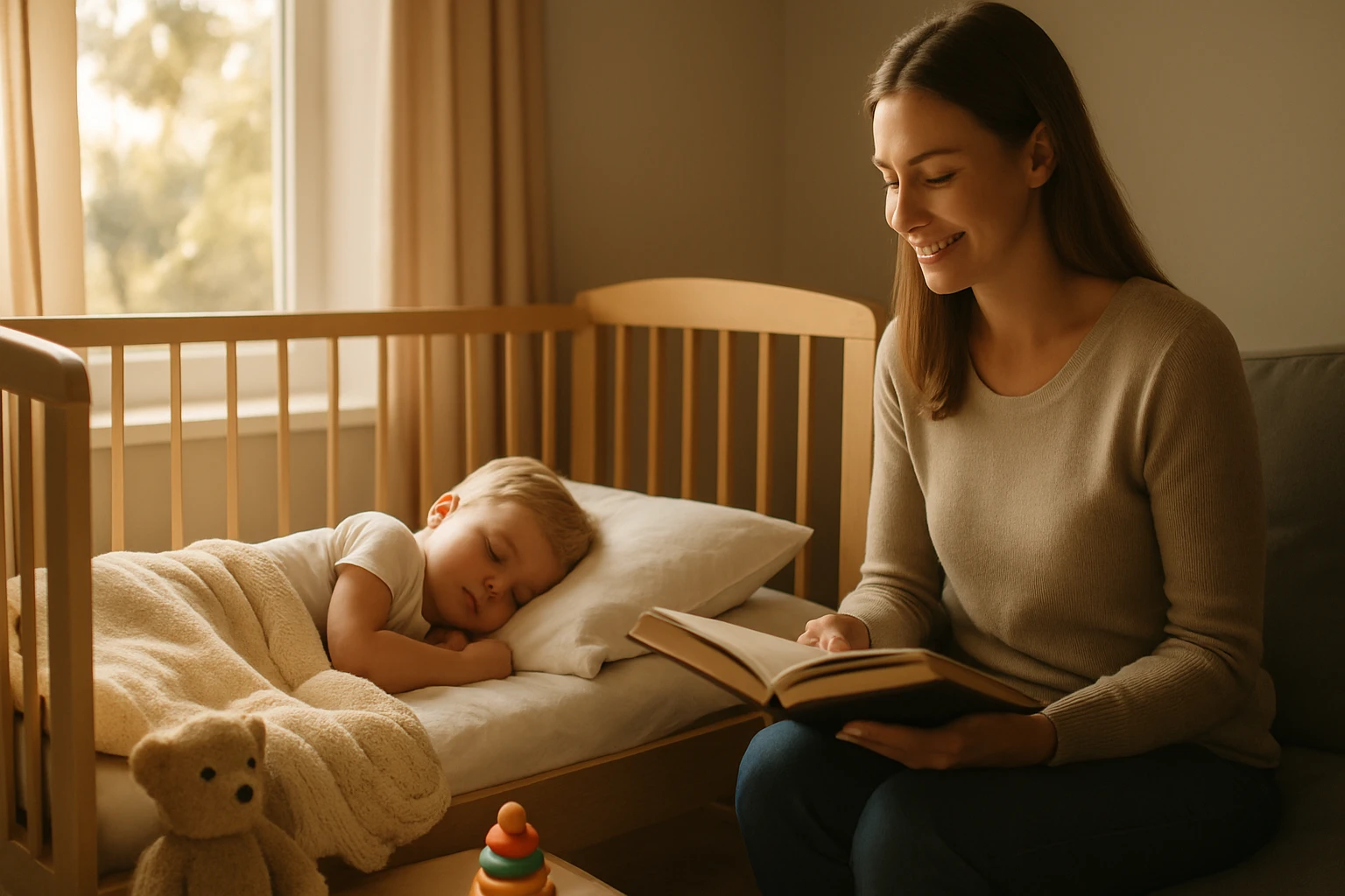 Egy anya olvas egy könyvet, míg kisgyermeke alszik a kiságyban.