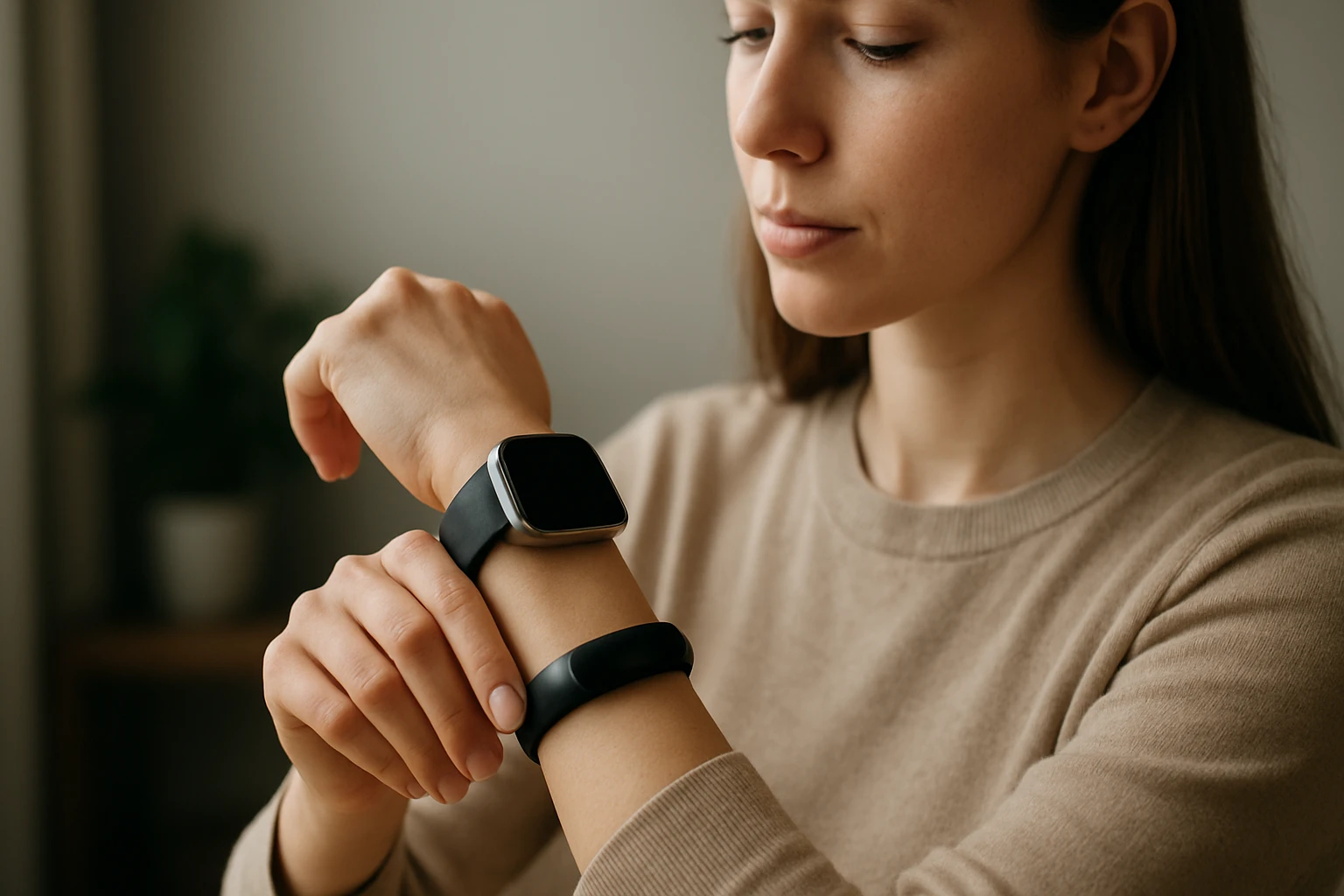 Egy nő figyelmesen nézi az okosóráját és aktivitásmérőjét.