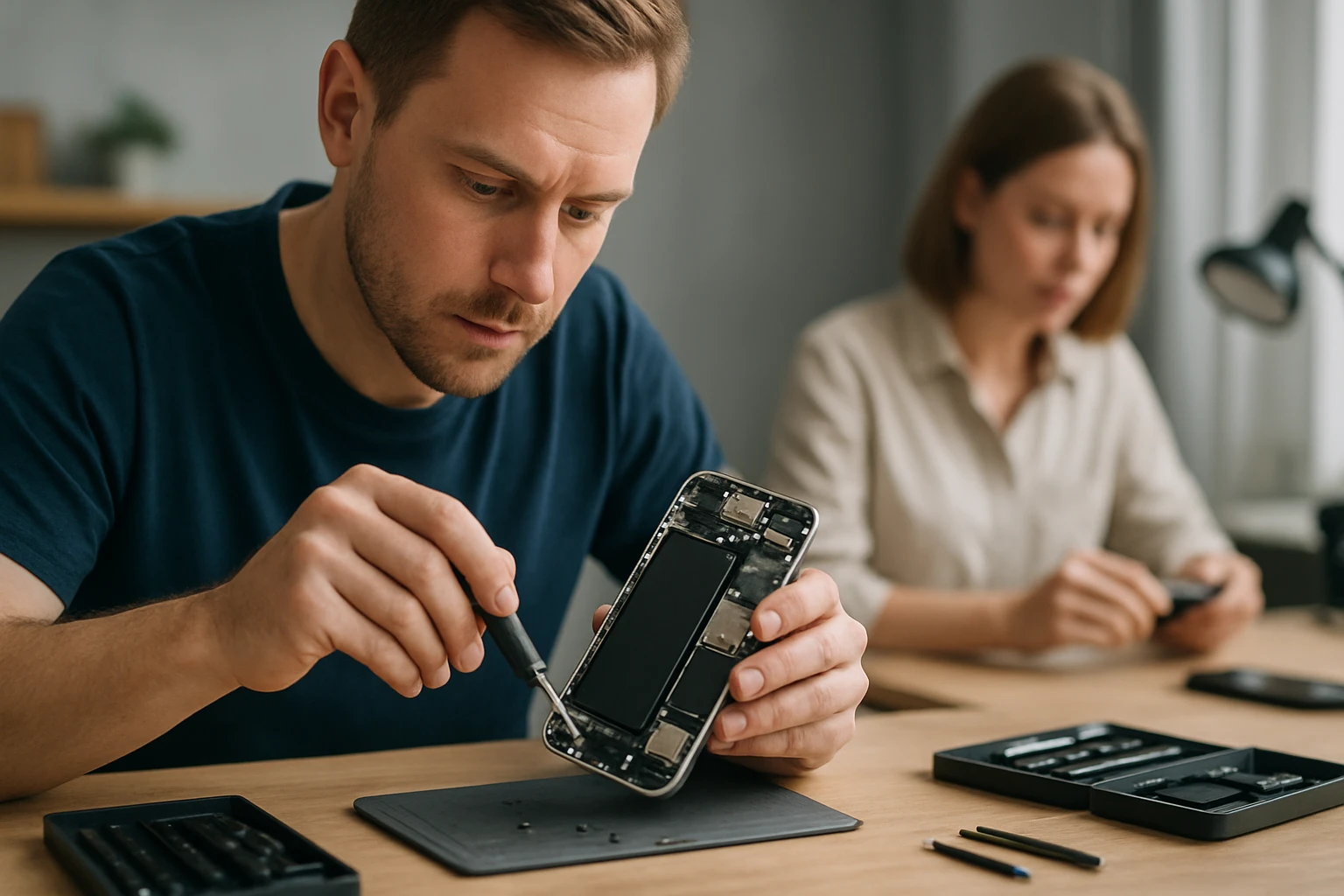 Egy férfi okostelefont szerel, miközben női kollégája figyel.