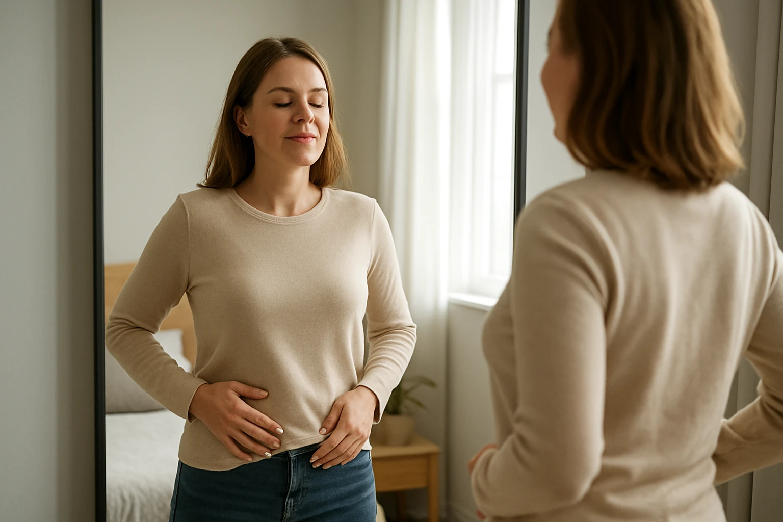Egy fiatal nő áll a tükör előtt, kezét a hasán tartja, szemét lehunyva.