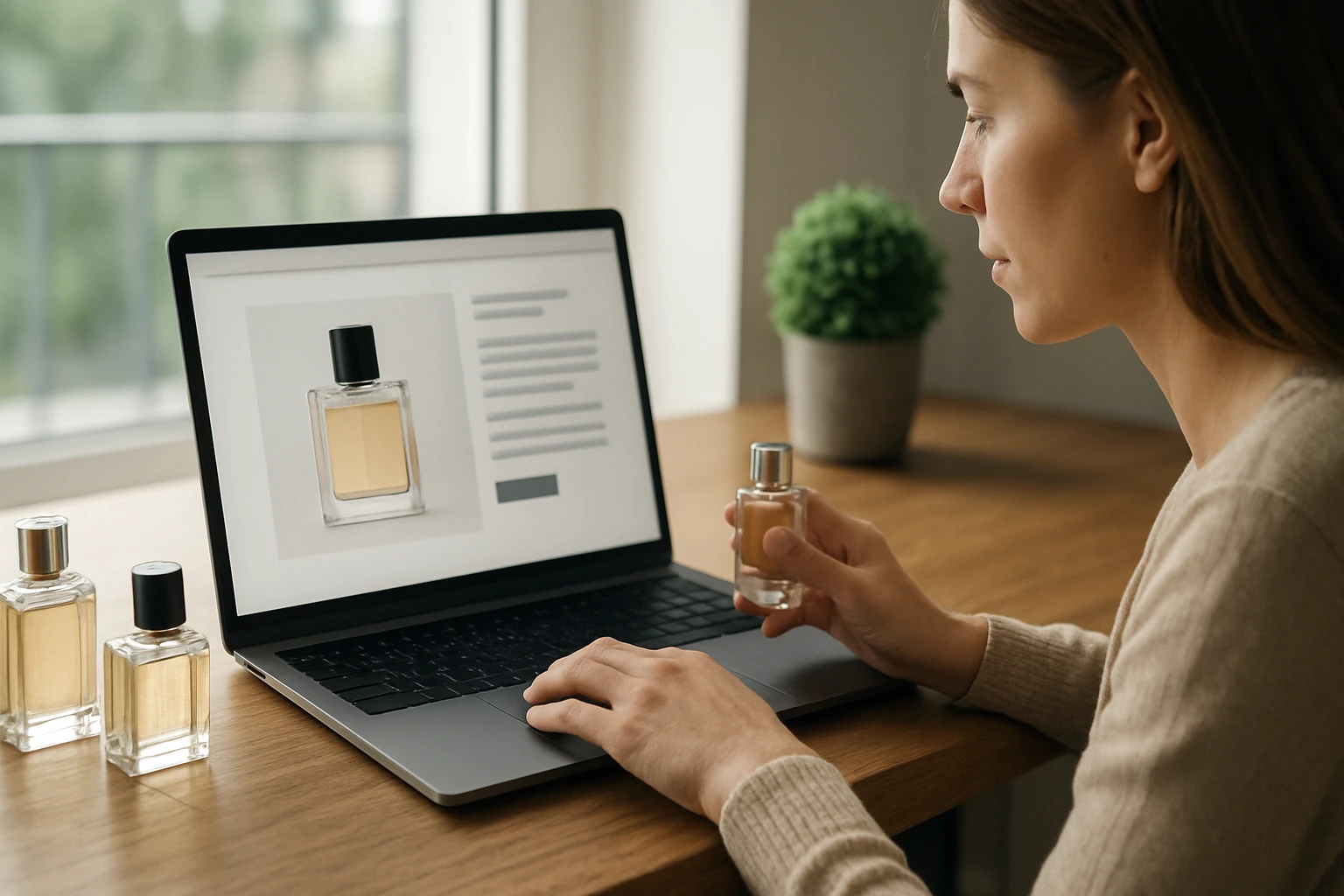 Egy nő parfümöt tart a kezében, miközben online vásárol egy laptopon.
