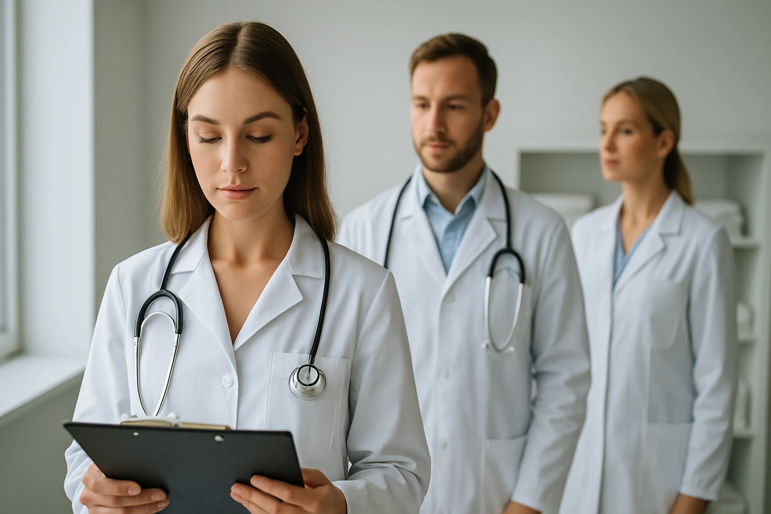 Két orvos és egy nővér áll egy kórházi környezetben, a nővér papírokat néz.