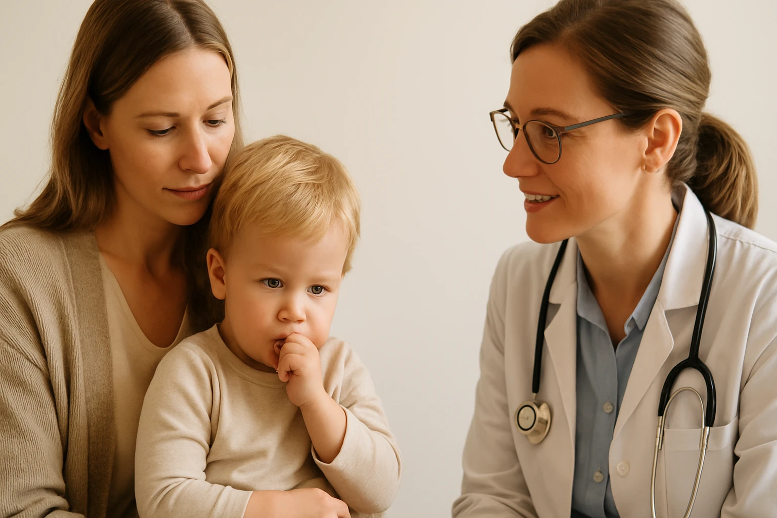 Egy édesanya a gyermekével beszélget egy orvossal egy rendelőben.