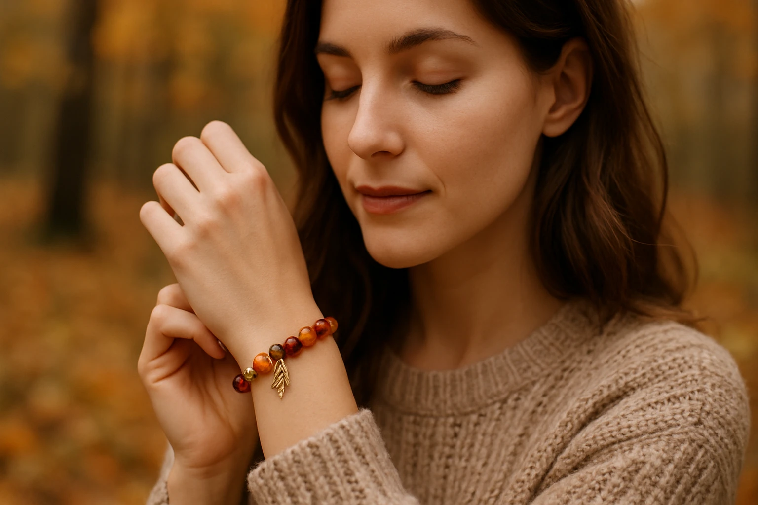 Egy fiatal nő, aki egy színes karkötőt néz az őszi erdőben.