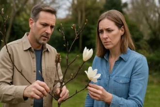 Pár, aki a magnólia virágzását vizsgálja a kertben