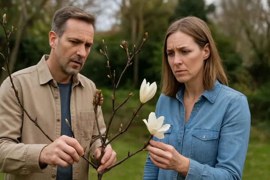 Pár, aki a magnólia virágzását vizsgálja a kertben