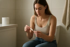 Női egészség, tampon használata és felhelyezése a fürdőszobában.