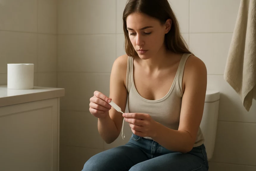 Női egészség, tampon használata és felhelyezése a fürdőszobában.