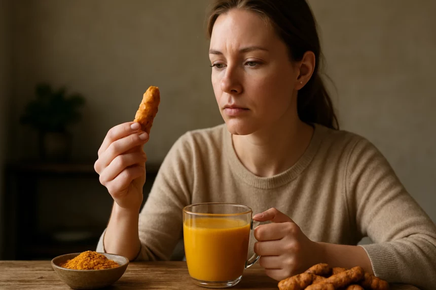 A kurkuma előnyei: gyulladáscsökkentő és antioxidáns hatások 1 Nő kurkuma ital mellett, gyulladáscsökkentő természetes gyógymódok.