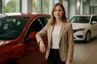 Női autós szakember egy modern bemutatóteremben, divatos öltözetben.