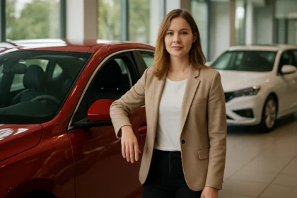 Női autós szakember egy modern bemutatóteremben, divatos öltözetben.