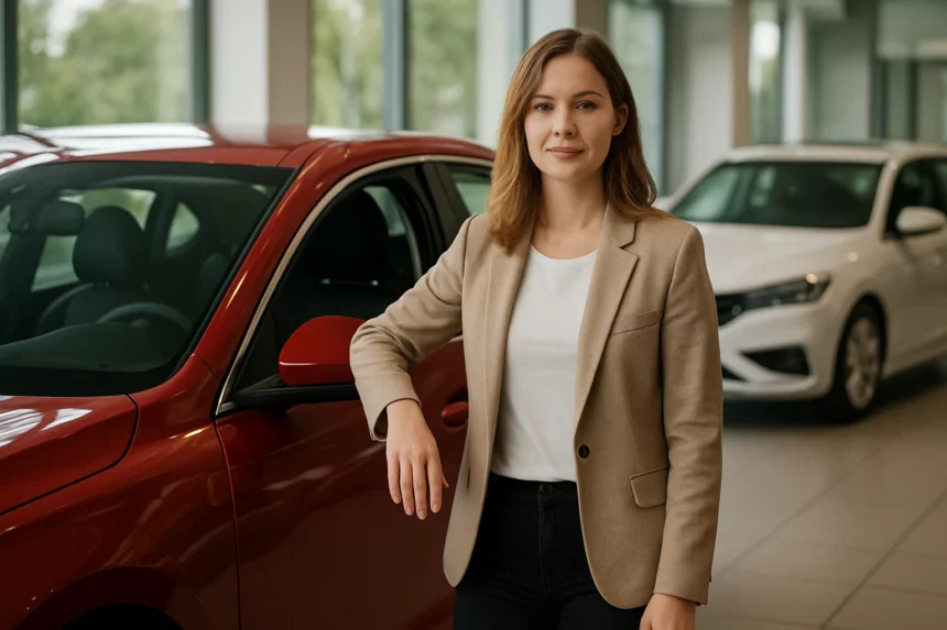 Női autós szakember egy modern bemutatóteremben, divatos öltözetben.