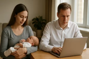 womensway 135 A nő gyermekét tartja, míg egy férfi a laptopján dolgozik.