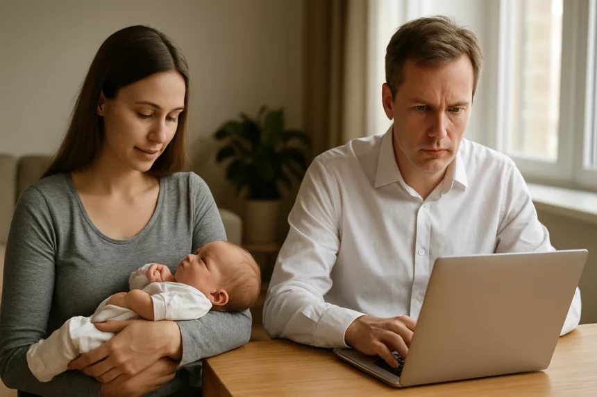 A nő gyermekét tartja, míg egy férfi a laptopján dolgozik.