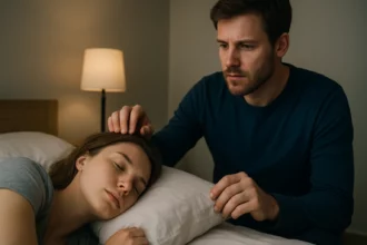 Egy férfi figyelmesen nézi, ahogy egy nő alszik, miközben a fejét simogatja.