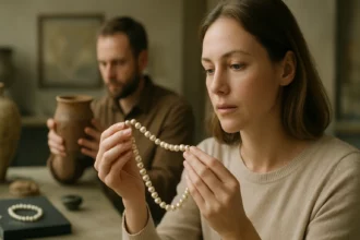 Nő gyöngysort vizsgál, férfi edényt tart a kezében