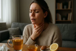 Nő torokfájással, mézes tea és citrom egy asztalon.