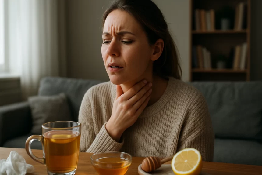 Nő torokfájással, mézes tea és citrom egy asztalon.