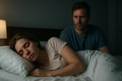 Nő álmodik, férfi aggódva néz rá az ágyban.