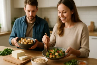 Férfi és nő tofu ételeket készítenek az asztalon