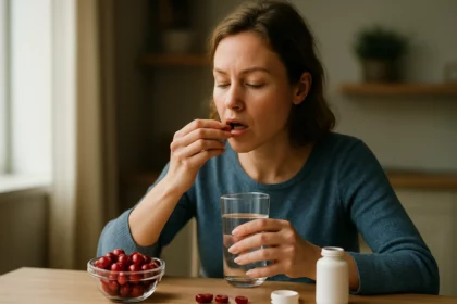 Nő tőzegáfonya kiegészítőt szed vízzel és gyümölcsökkel.