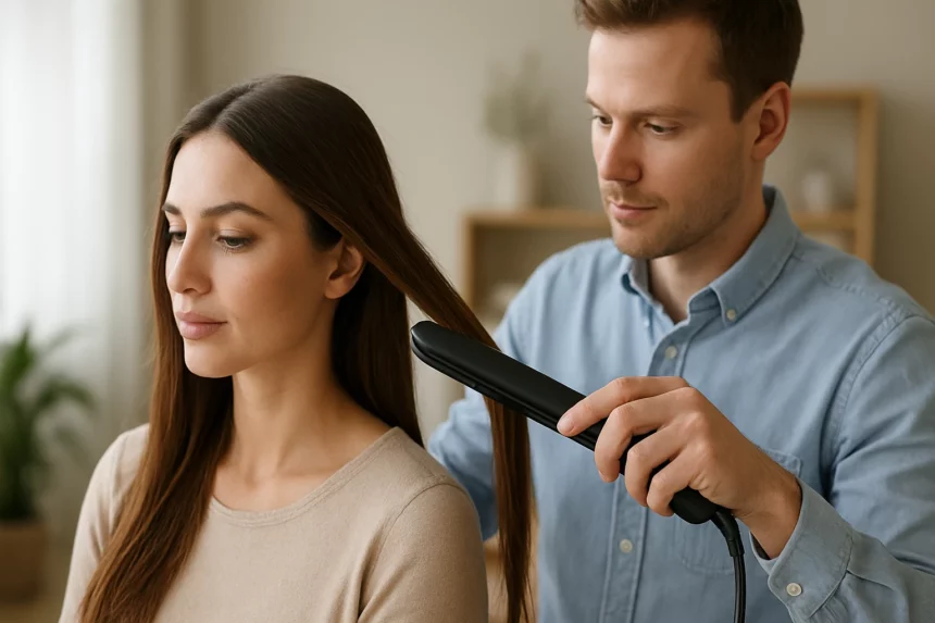 Hajvasalás folyamatban, férfi hajvasalót használ egy nőn.