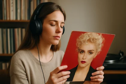 Nő fülhallgatóval Madonna lemezborítóját nézi