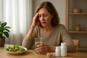 Nő menopauza tüneteinek enyhítéséhez szükséges étrend-kiegészítőkkel és salátával.