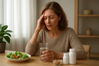Nő menopauza tüneteinek enyhítéséhez szükséges étrend-kiegészítőkkel és salátával.