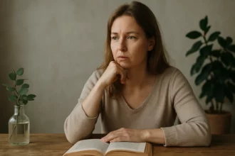 Nő, aki elgondolkodva olvas egy könyvet, zöld növények mellett.