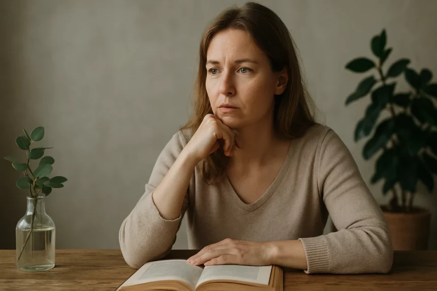 Nő, aki elgondolkodva olvas egy könyvet, zöld növények mellett.