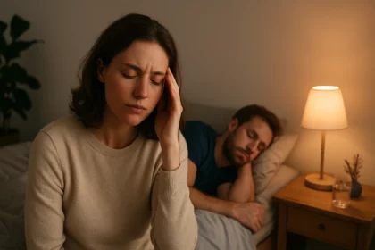 Nő álmatlansággal küzd, miközben férje alszik mellette.