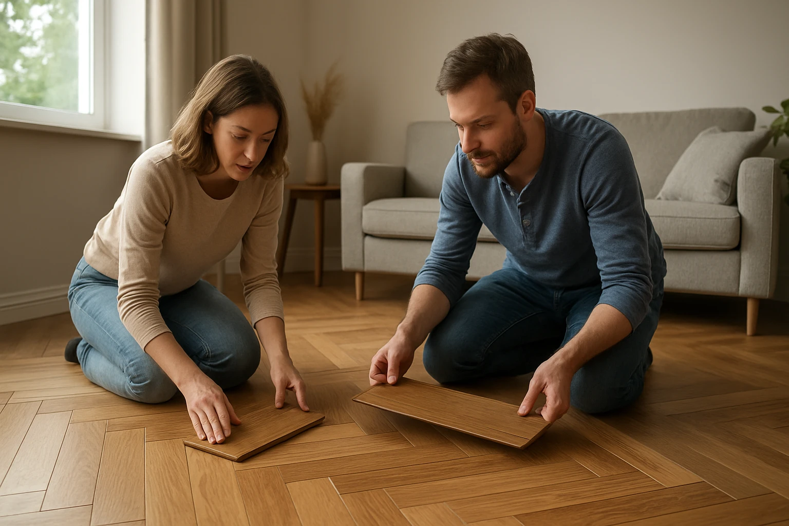 Egy pár parkettát helyez el a padlón, figyelmesen dolgoznak.