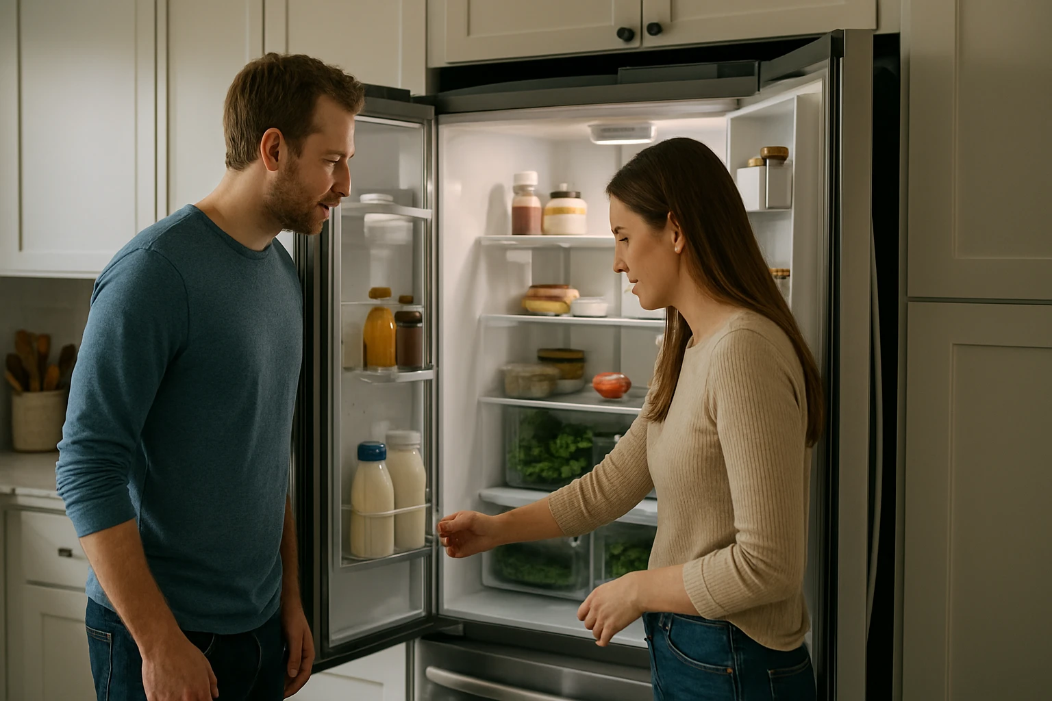 Egy pár a hűtőszekrény előtt áll, éppen élelmiszereket nézegetnek.