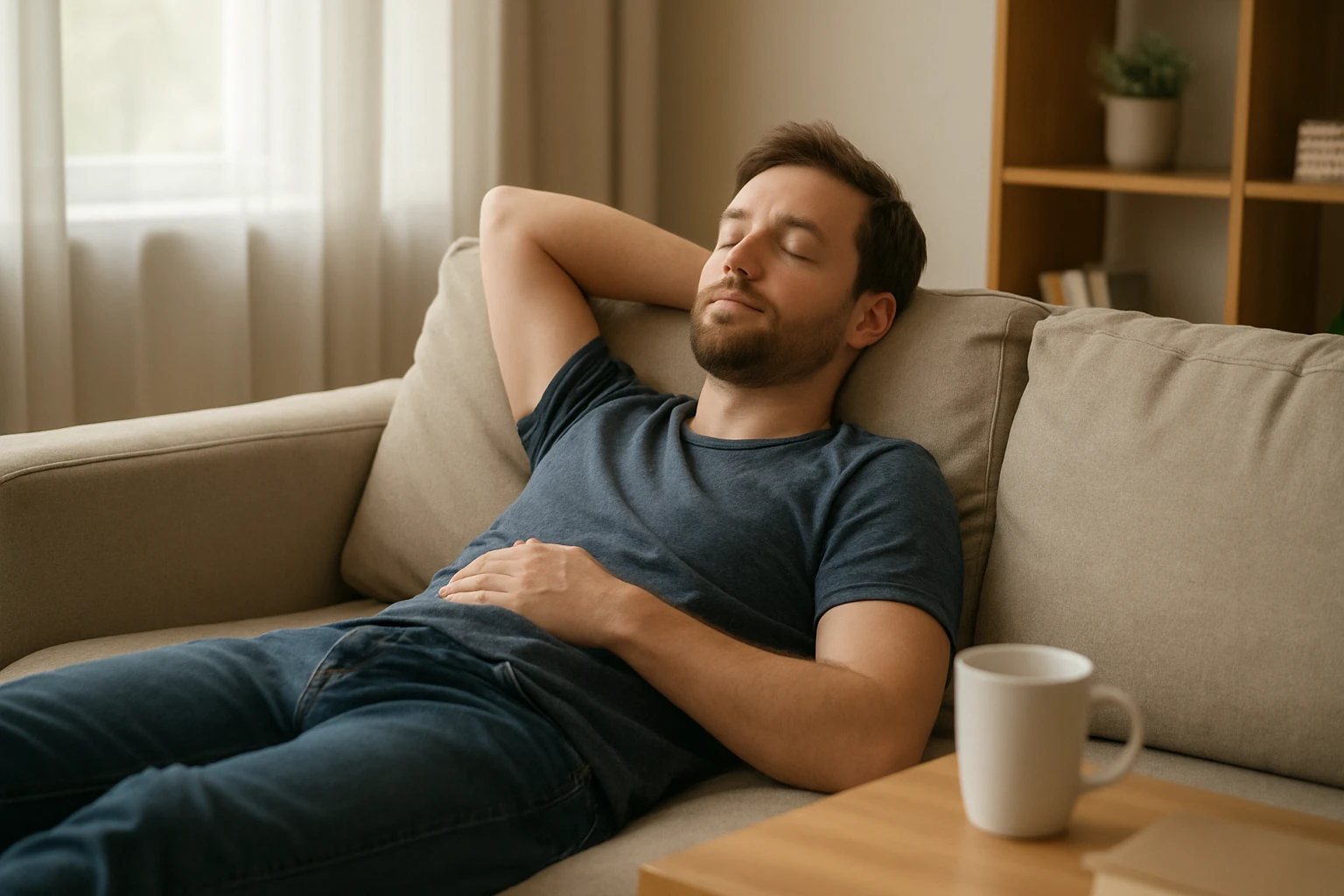Egy fiatal férfi pihen a kanapén, szemét lehunyva, nyugodt arckifejezéssel.