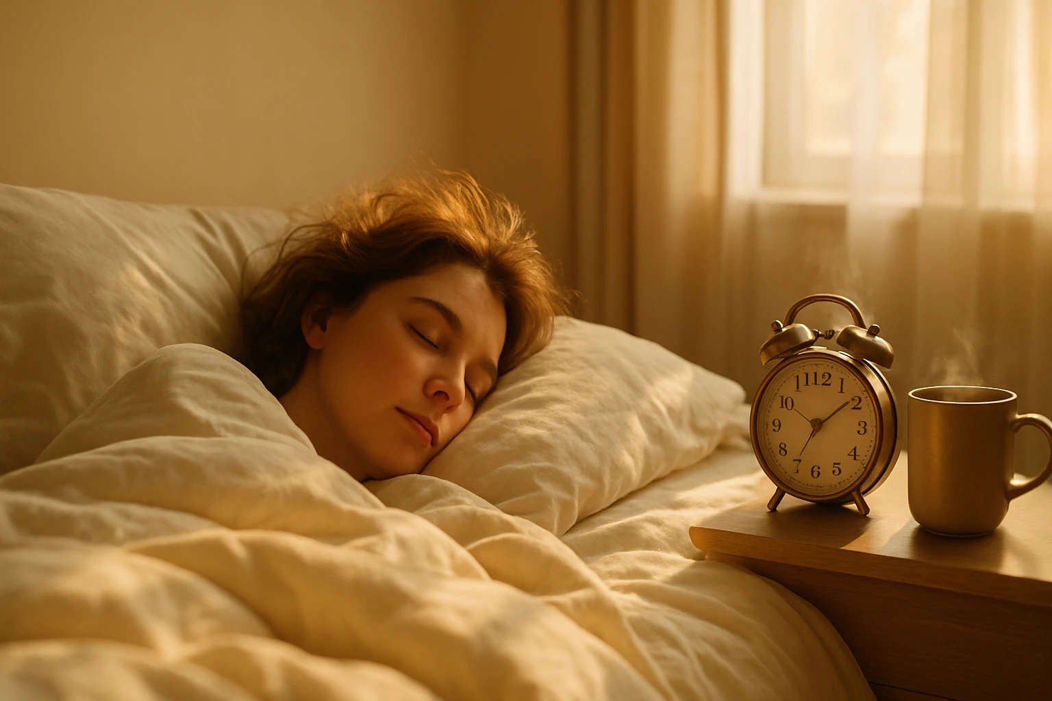 Egy fiatal nő alszik az ágyában, mellette egy ébresztőóra és egy gőzölgő bögre.