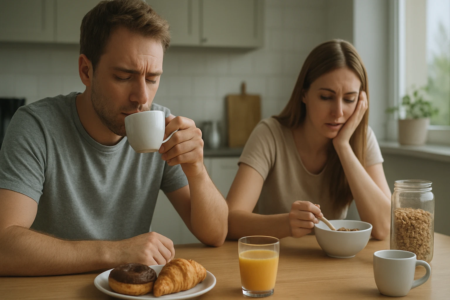 Egy férfi kávét iszik, míg egy nő szomorúan néz a reggelijére.